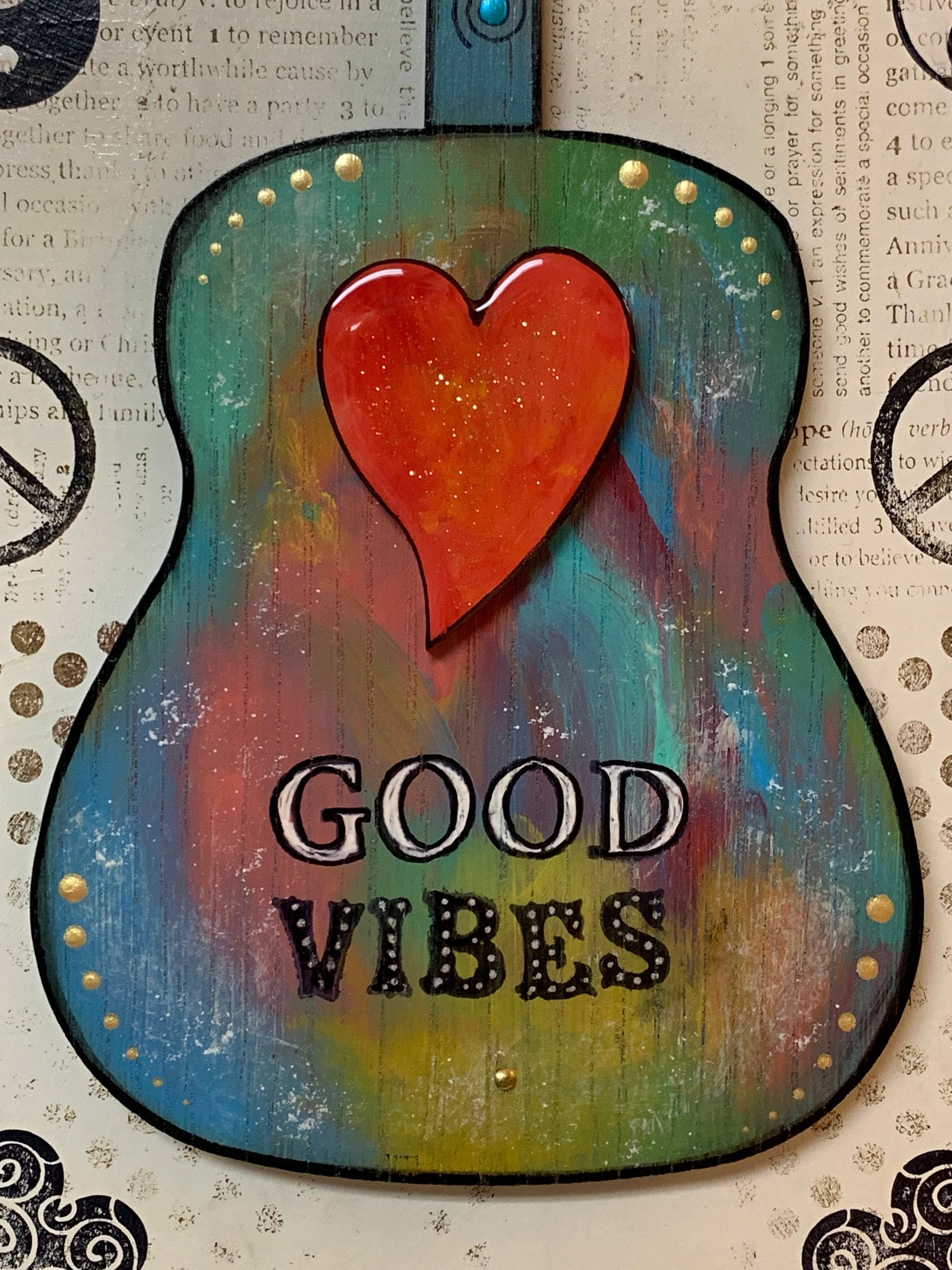 Good Vibes, guitar art, gift for friend, music art, inspirational, encouragement, karma, teacher, peace sign, under 50, groovy, guitar store